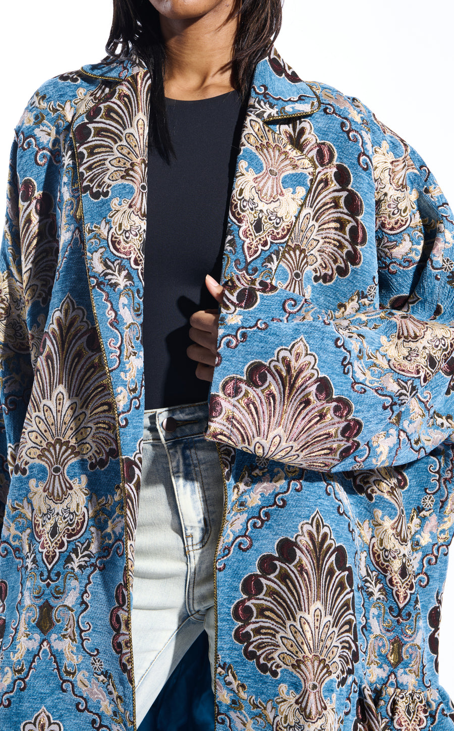 PAVLOVA-BLUEMULTI JACQUARD COCOON STATEMENT COAT
