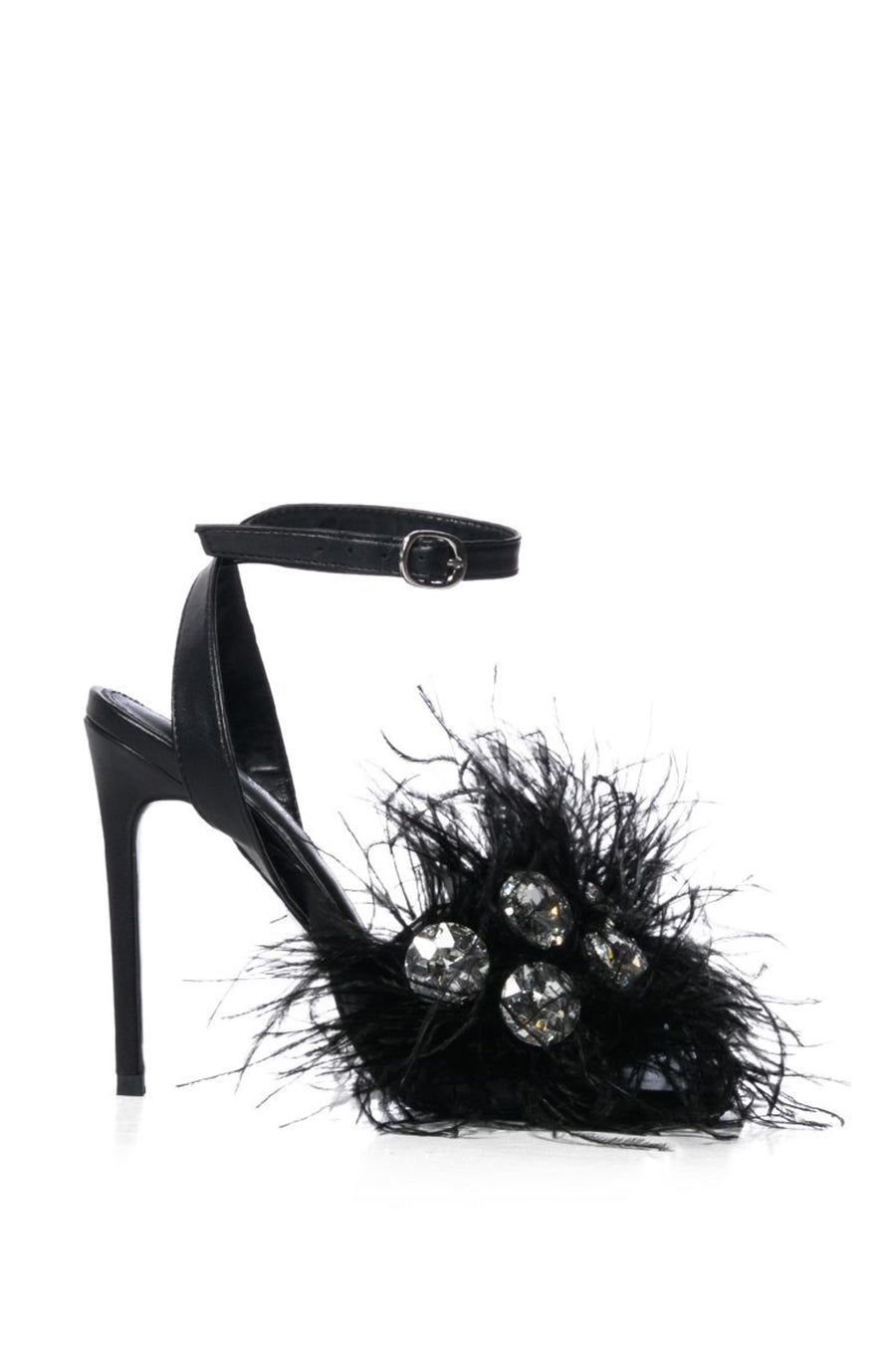 black open toe stiletto heels with an adjustable ankle strap and feather and rhinestone detail