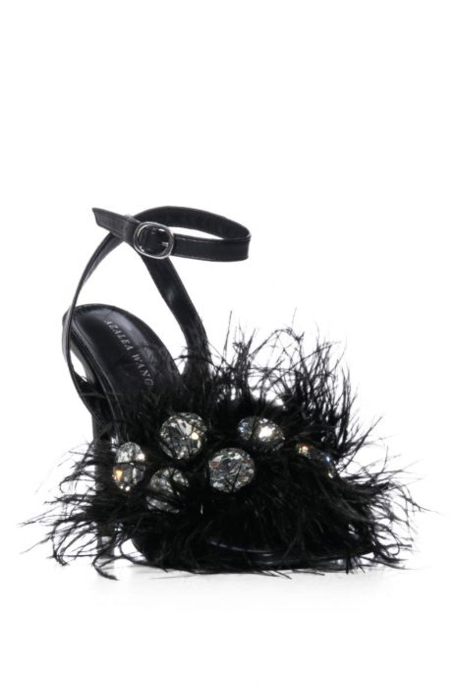 black open toe stiletto heels with an adjustable ankle strap and feather and rhinestone detail