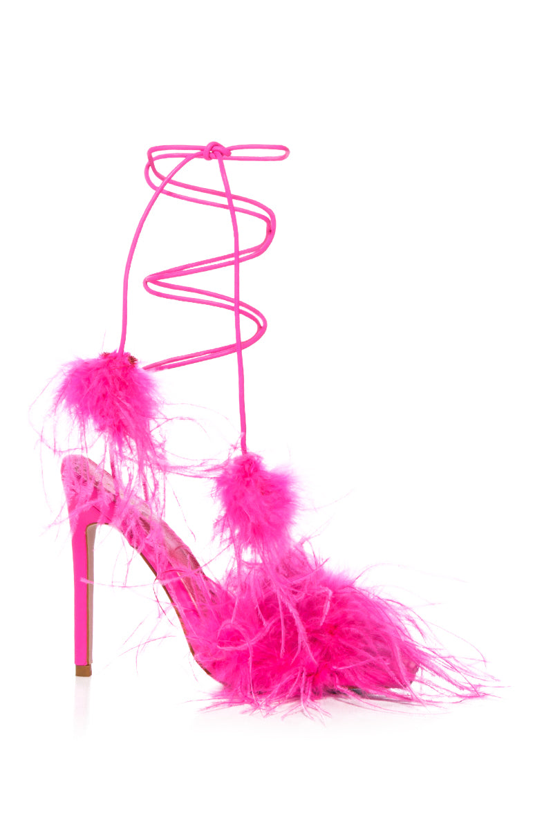strappy hot pink stiletto heels with feather detail and pink wrap up cords