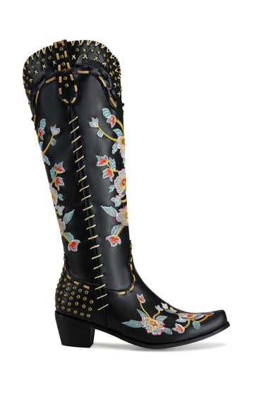 black faux leather statement western boots with floral embroidery on the shaft and upper, gold studs on the back of the ankle, and stitching accents