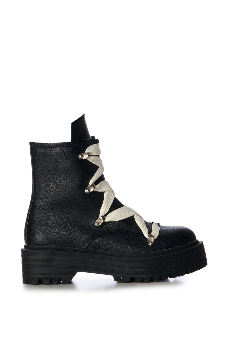 black faux leather platform combat booties with a white criss cross lace accents