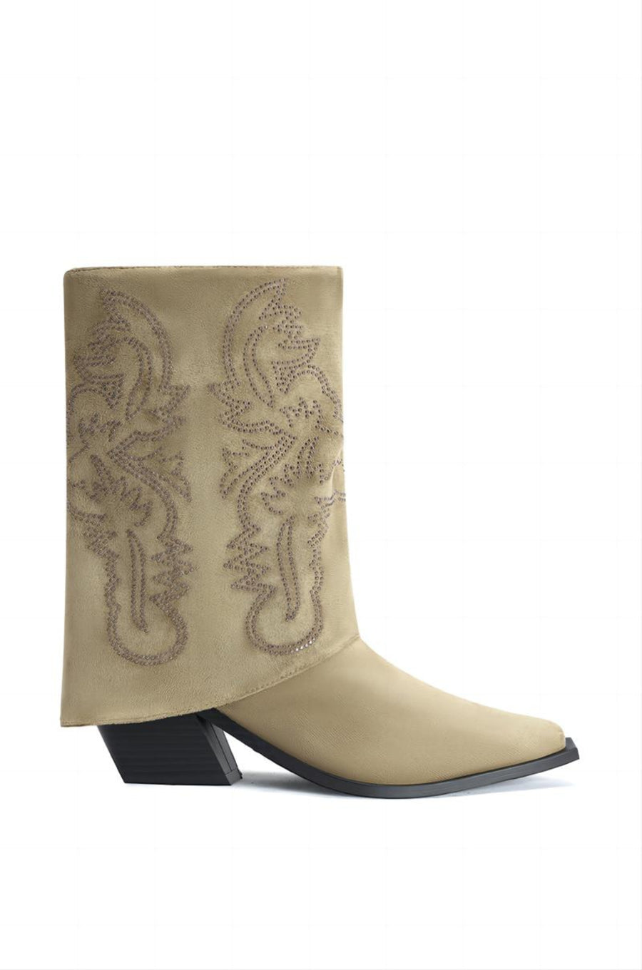 beige suede western inspired cowboy boots with a fold over accent and a classic cowboy boot design on the shaft 