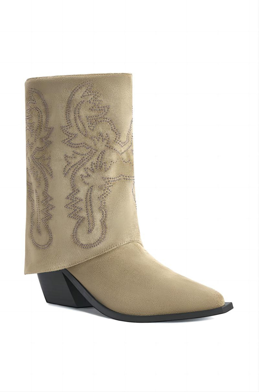 angled view of beige suede western inspired cowboy boots with a fold over accent and a classic cowboy boot design on the shaft 