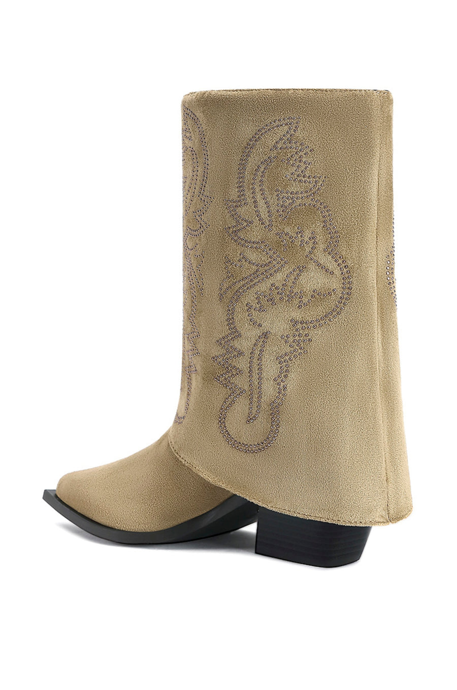 back view of beige suede western inspired cowboy boots with a fold over accent and a classic cowboy boot design on the shaft 
