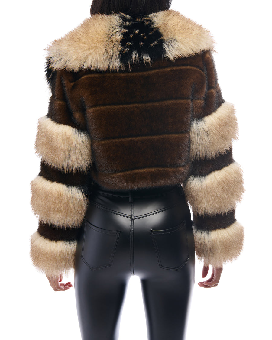 Brown cropped faux fur statement jacket featuring an oversized collar and patches of different shades of brown faux fur