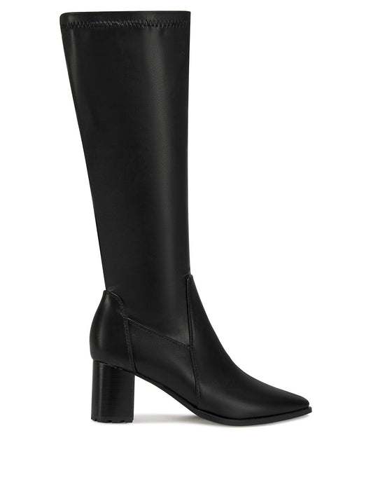 black faux leather knee high boots with a 4 way stretch shaft, a block heel, and a pointed toe silhouette