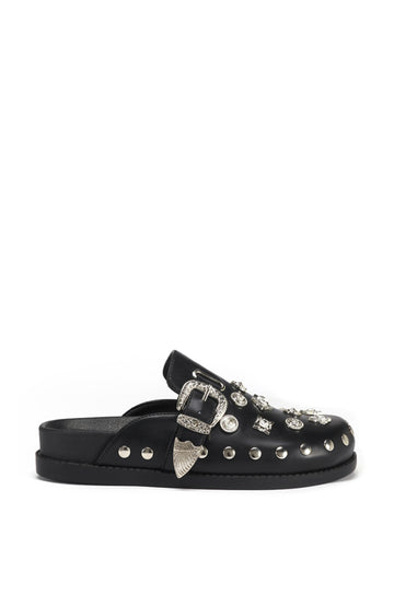 black slip on western mule with silver studded accents and a western belt buckle detail