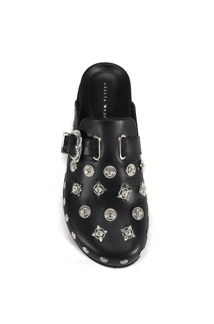 top view of black slip on western mule with silver studded accents and a western belt buckle detail