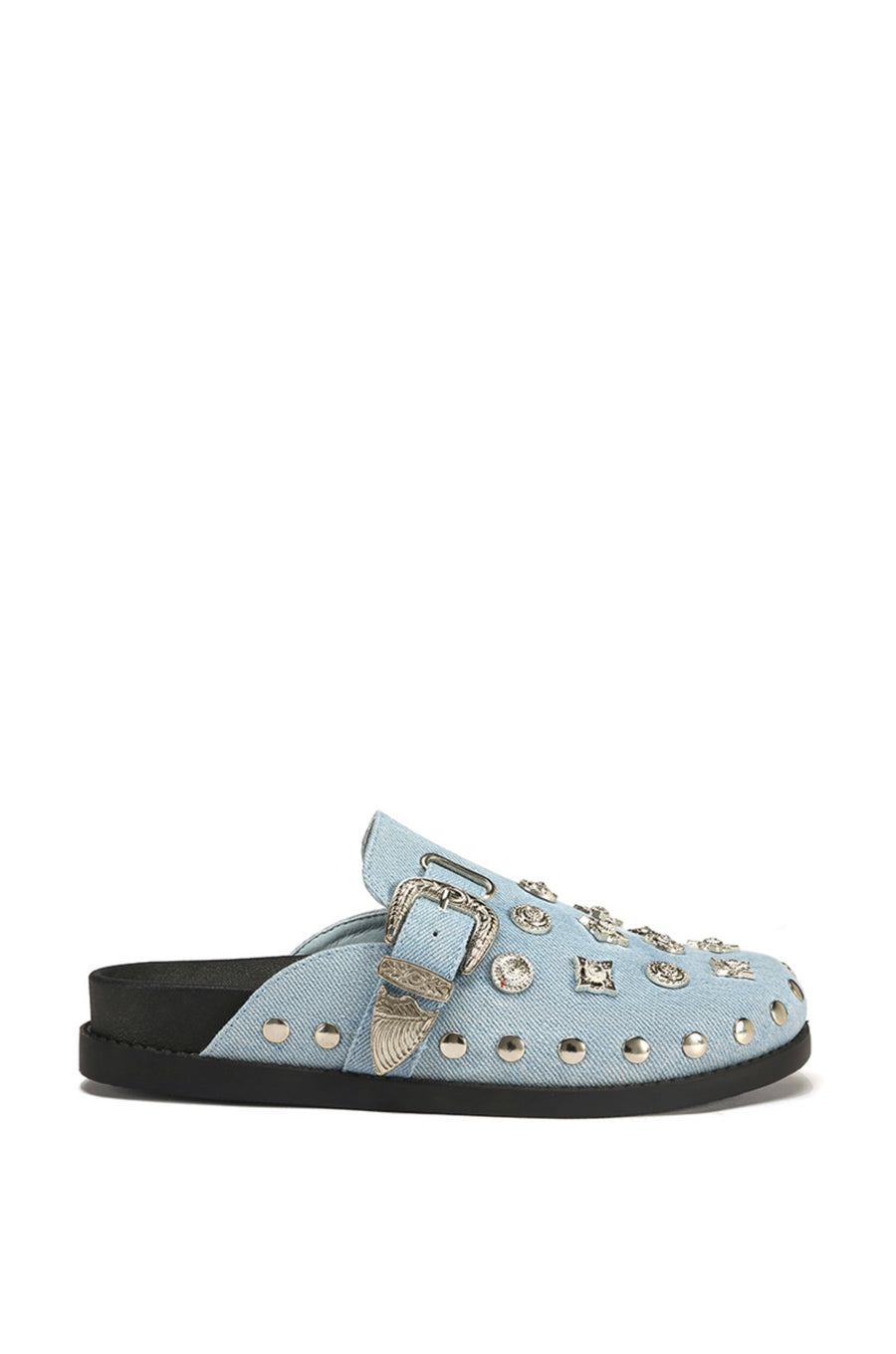 light wash denim slip on western mule with silver studded accents and a western belt buckle detail