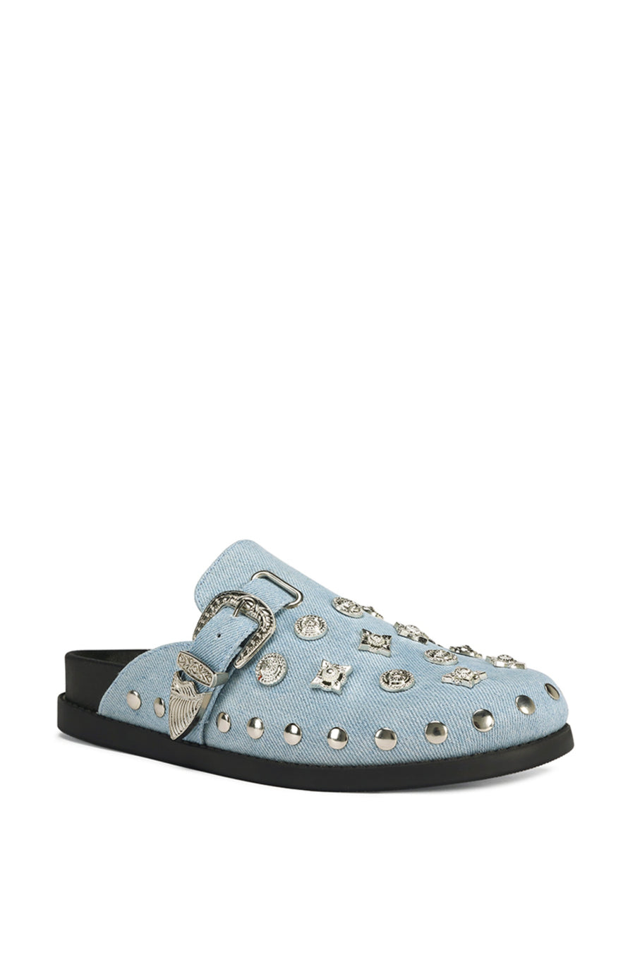angled view of light wash denim slip on western mule with silver studded accents and a western belt buckle detail