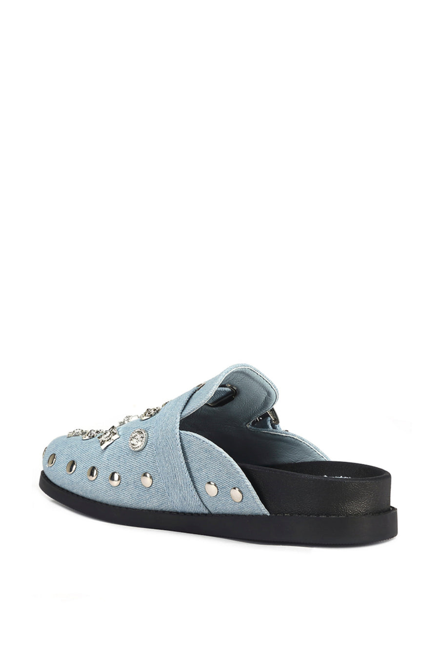back view of light wash denim slip on western mule with silver studded accents and a western belt buckle detail