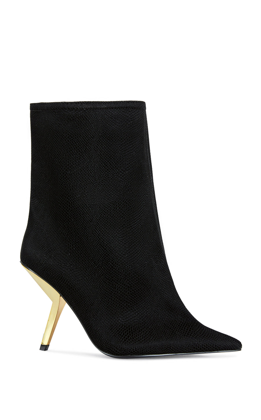 black faux snakeskin ankle bootie with a gold hardware stiletto heel and a pointed toe