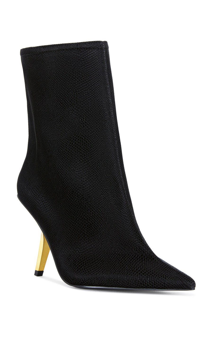 black faux snakeskin ankle bootie with a gold hardware stiletto heel and a pointed toe