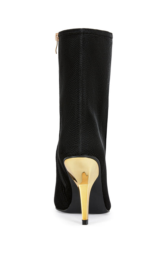 black faux snakeskin ankle bootie with a gold hardware stiletto heel and a pointed toe