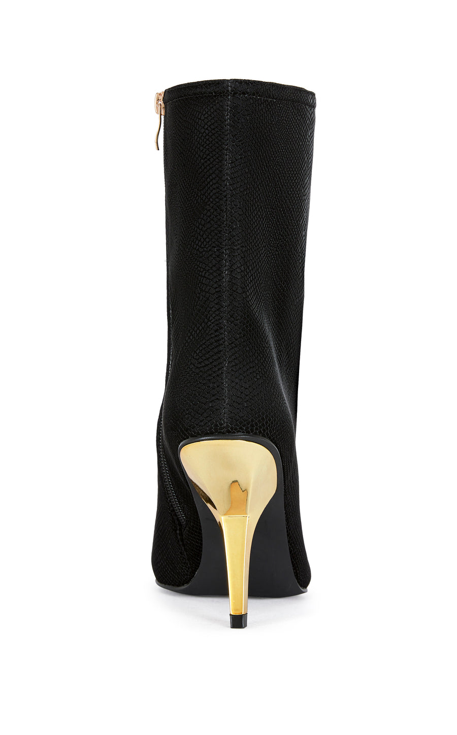 black faux snakeskin ankle bootie with a gold hardware stiletto heel and a pointed toe