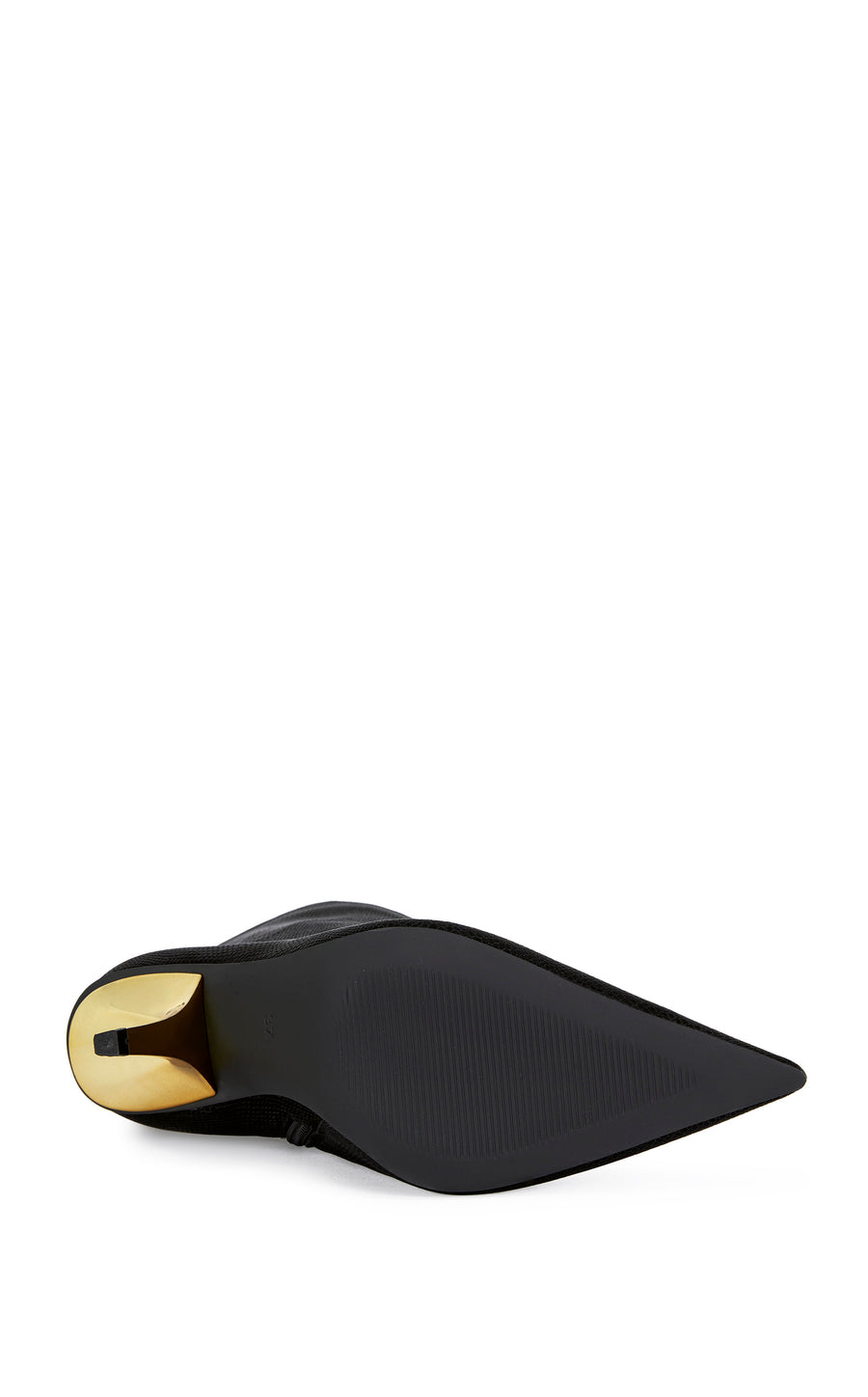 black faux snakeskin ankle bootie with a gold hardware stiletto heel and a pointed toe