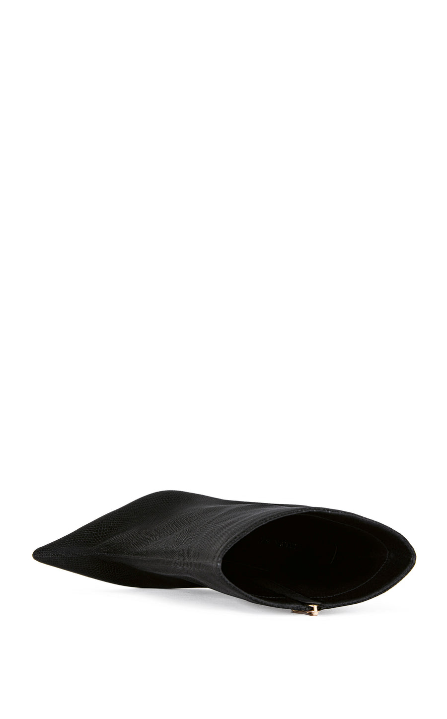 black faux snakeskin ankle bootie with a gold hardware stiletto heel and a pointed toe