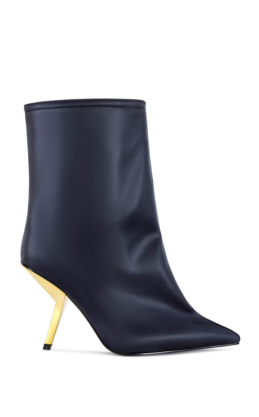 navy blue liquid lux ankle bootie with a gold hardware stiletto heel and a pointed toe
