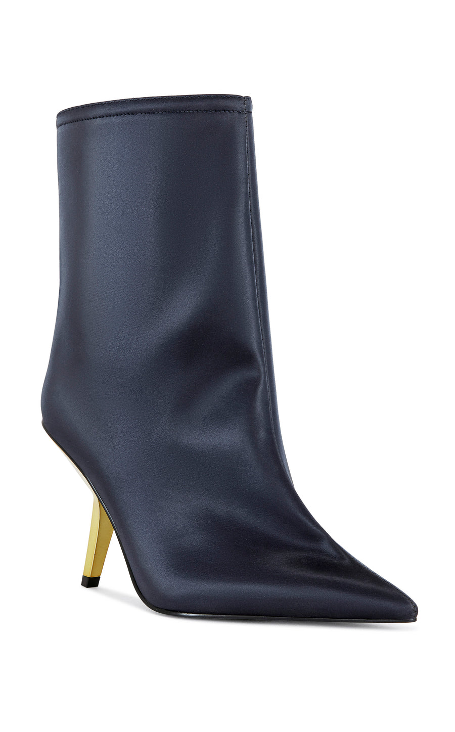 navy blue liquid lux ankle bootie with a gold hardware stiletto heel and a pointed toe