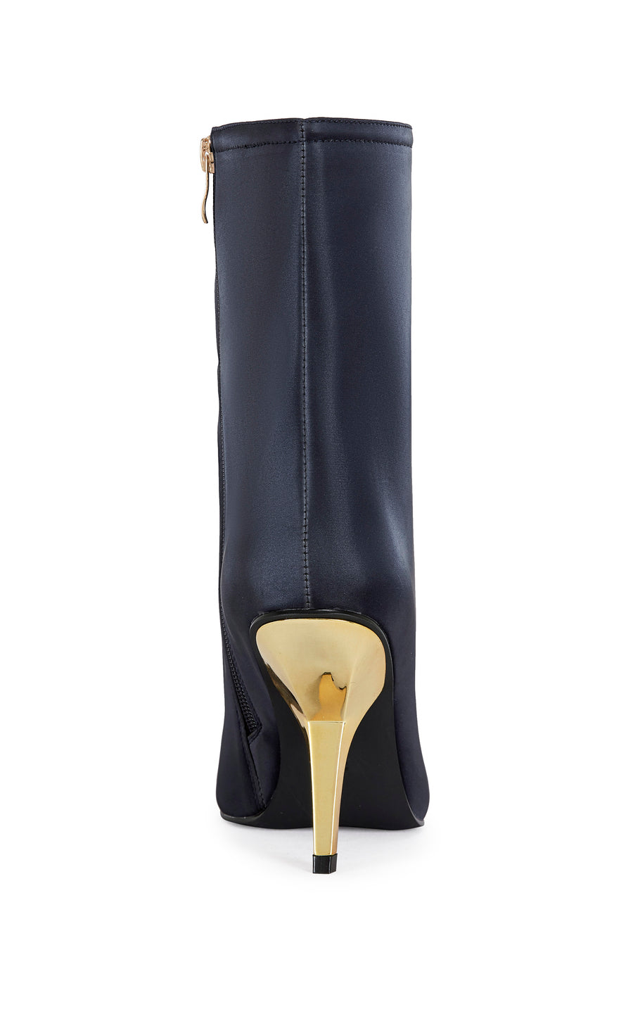 navy blue liquid lux ankle bootie with a gold hardware stiletto heel and a pointed toe