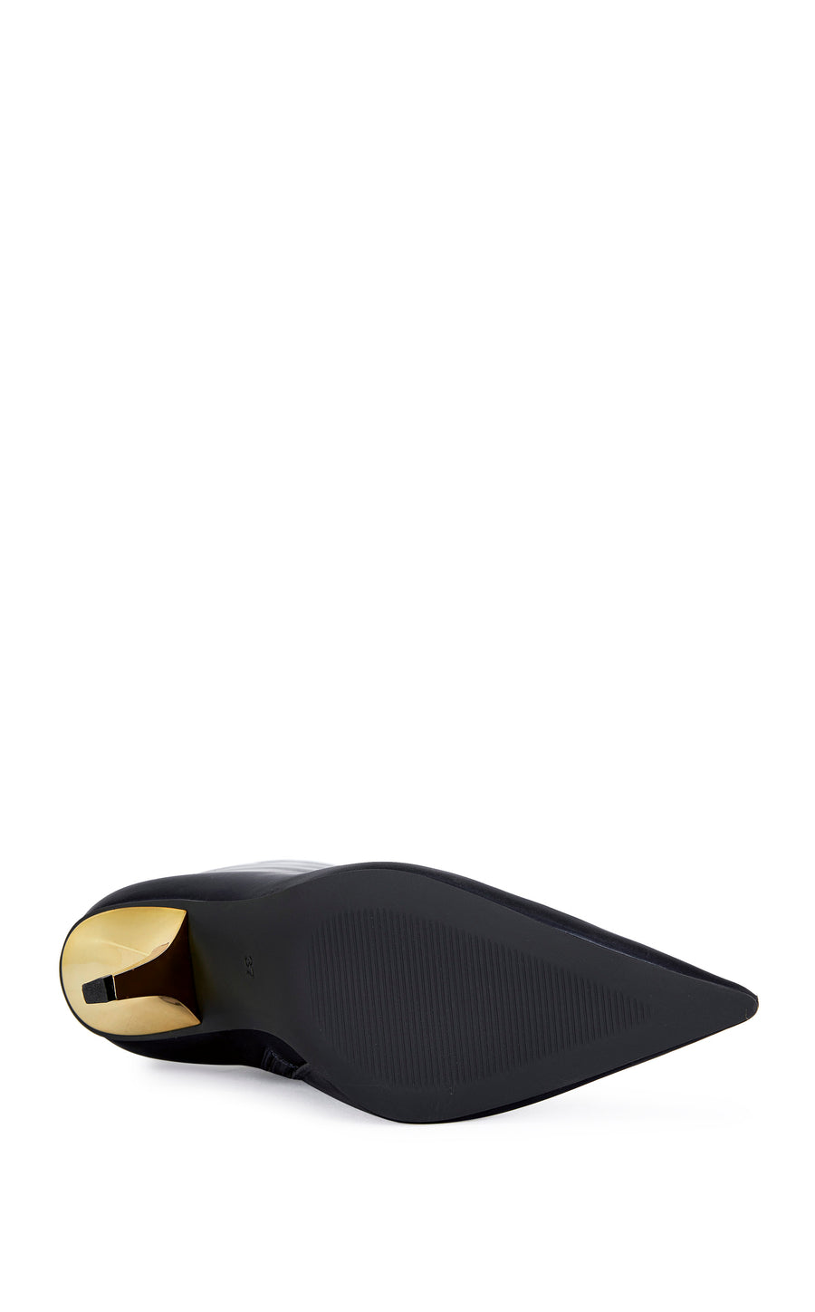 navy blue liquid lux ankle bootie with a gold hardware stiletto heel and a pointed toe