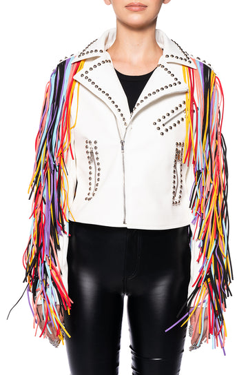 white faux leather moto jacket with studded accents and multicolored western fringe on the sleeves