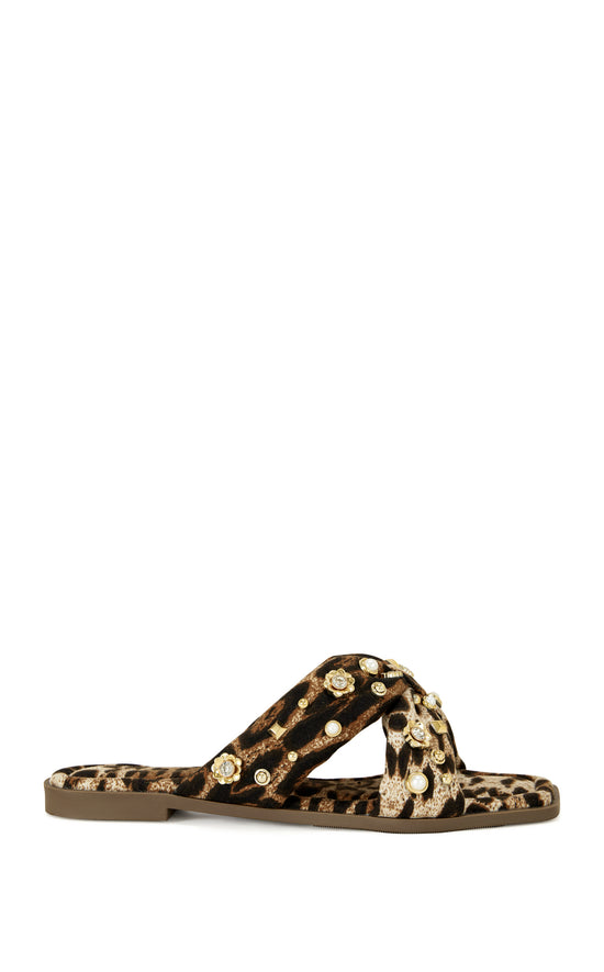 leopard print open toe flat statement sandals with gold stud embellishments 
