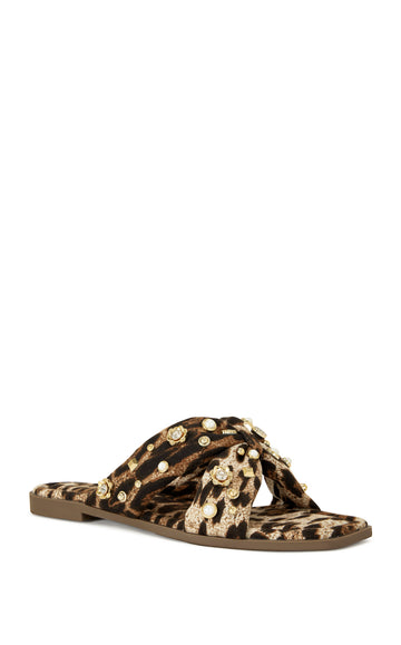 leopard print open toe flat statement sandals with gold stud embellishments 