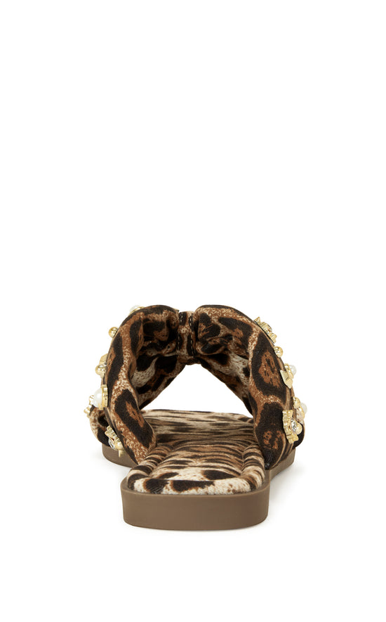 leopard print open toe flat statement sandals with gold stud embellishments 