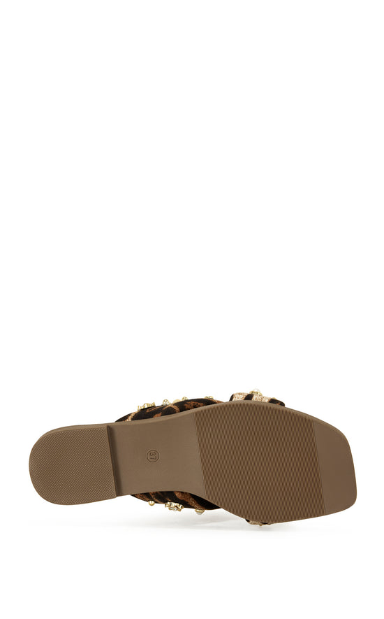 leopard print open toe flat statement sandals with gold stud embellishments 