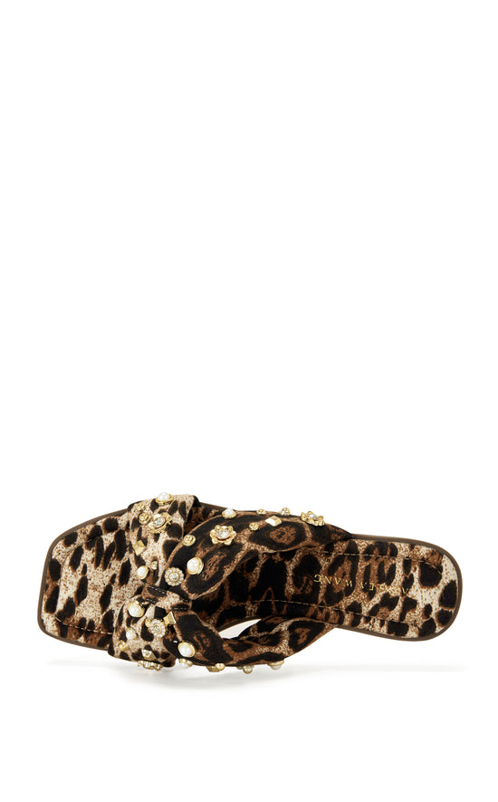 leopard print open toe flat statement sandals with gold stud embellishments 