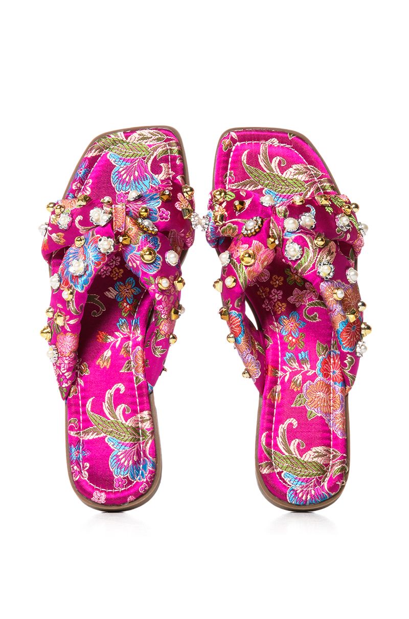 floral pink satin slides with rhinestone embellishment