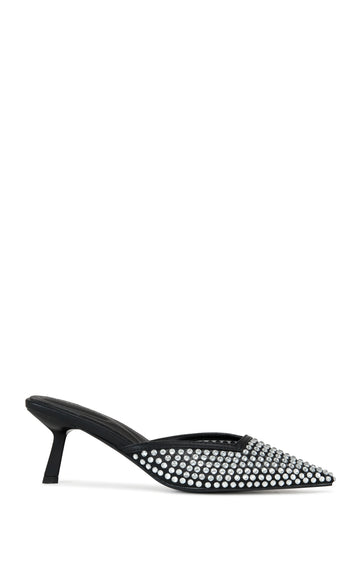 elegant black faux leather slip on kitten heel with a pointed toe and rhinestone embellishments all over the upper