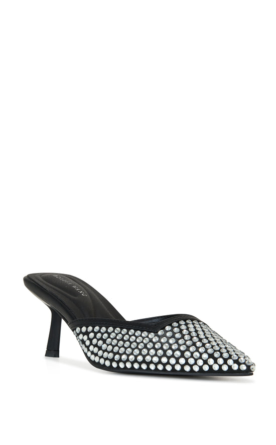 elegant black faux leather slip on kitten heel with a pointed toe and rhinestone embellishments all over the upper