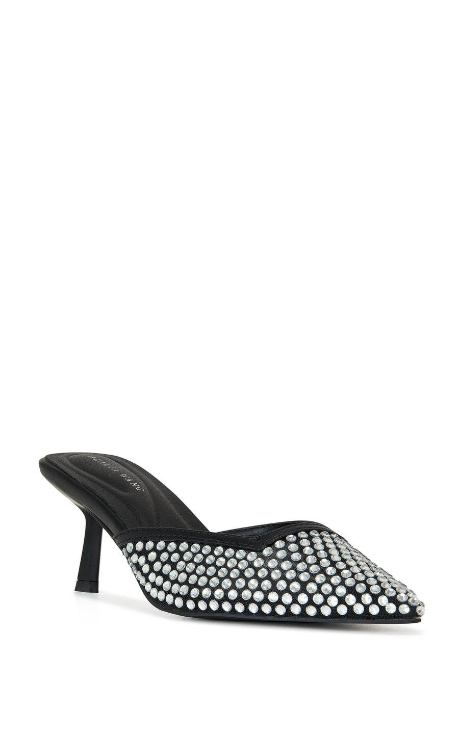 elegant black faux leather slip on kitten heel with a pointed toe and rhinestone embellishments all over the upper