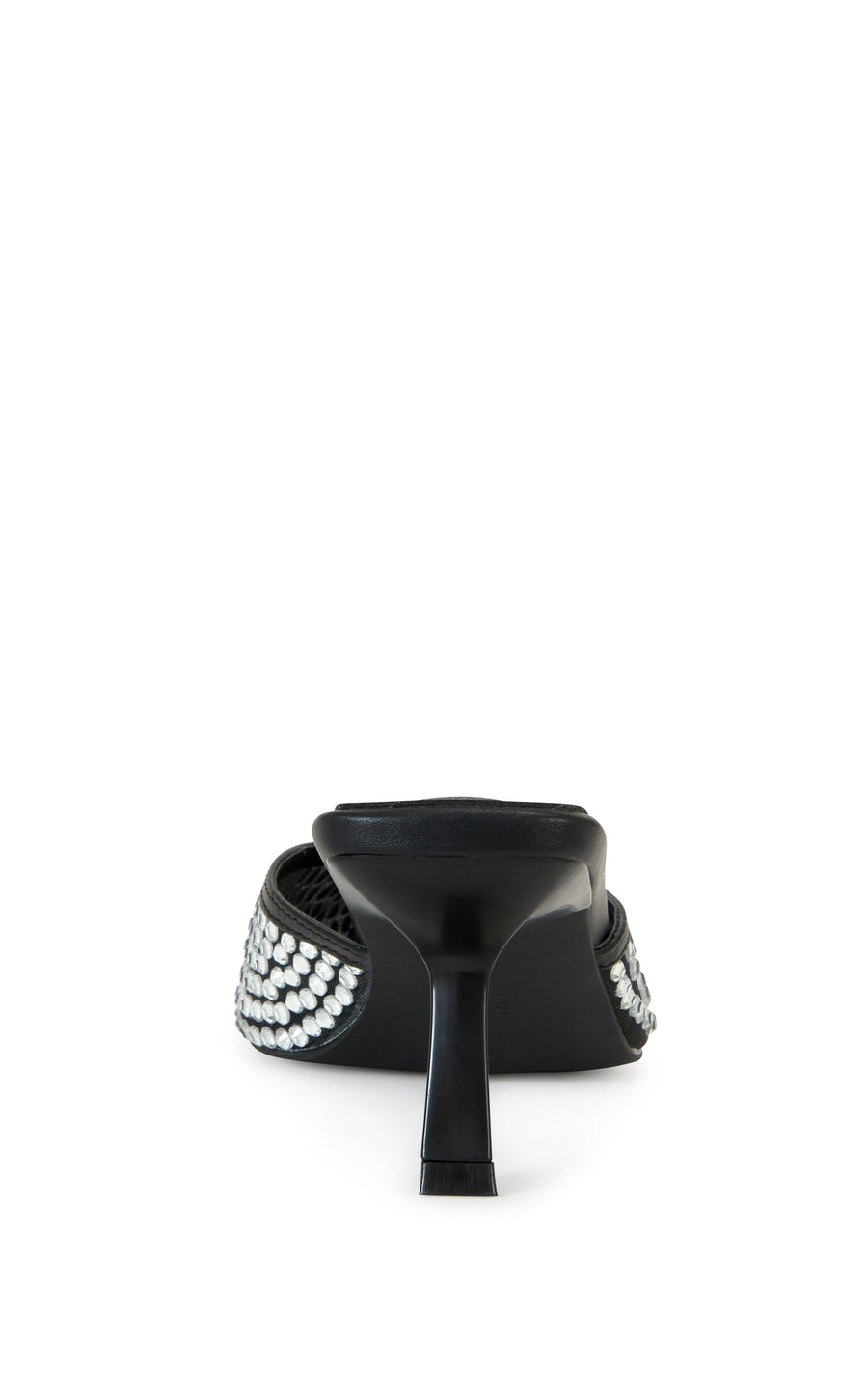 elegant black faux leather slip on kitten heel with a pointed toe and rhinestone embellishments all over the upper