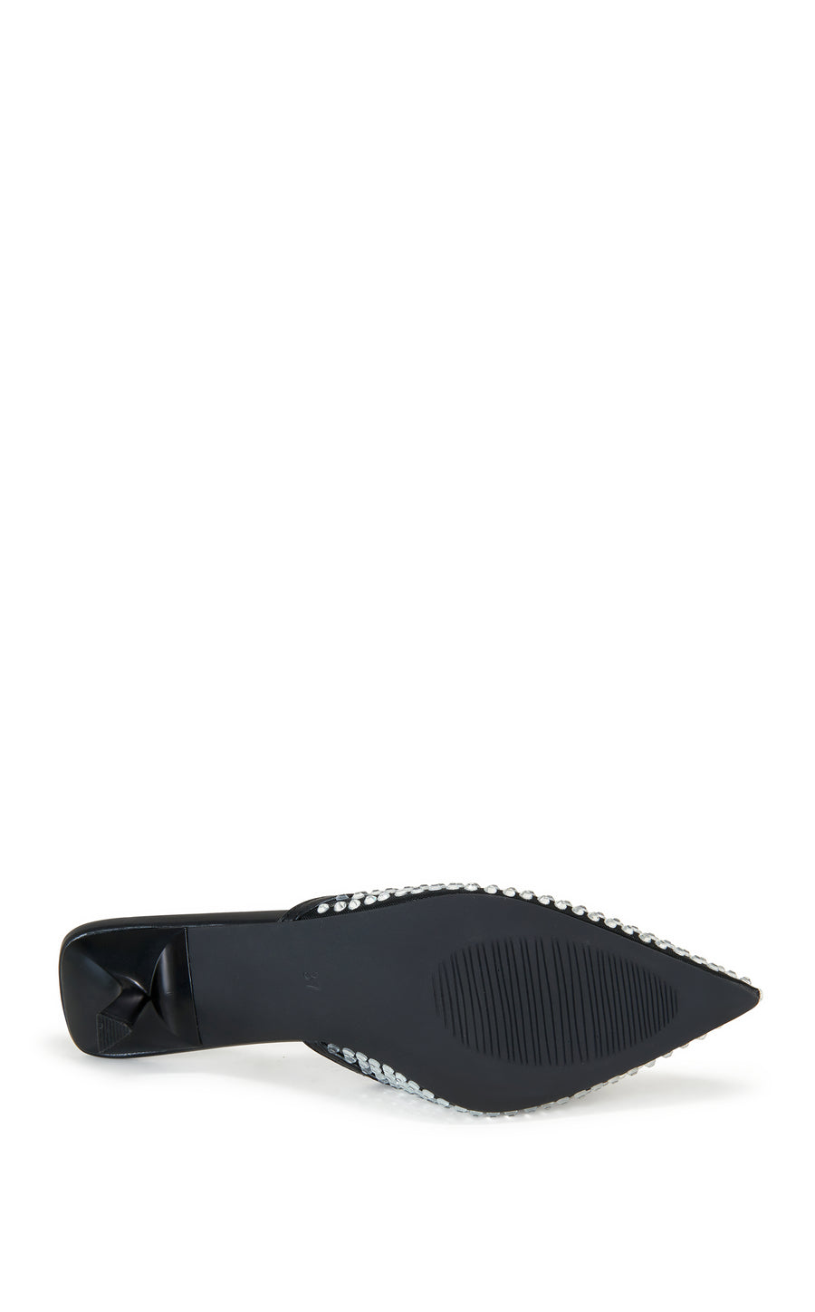 elegant black faux leather slip on kitten heel with a pointed toe and rhinestone embellishments all over the upper