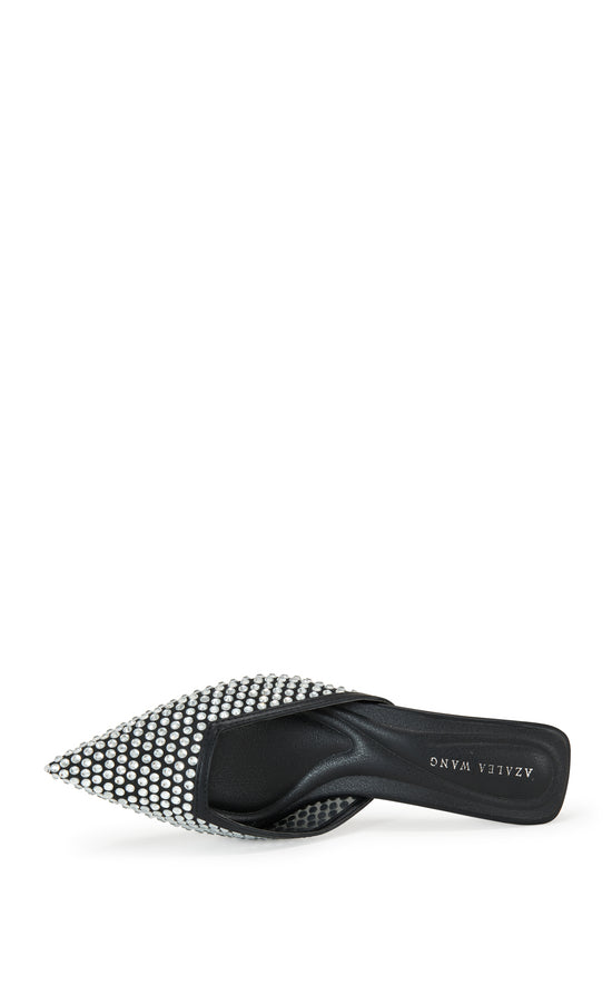 elegant black faux leather slip on kitten heel with a pointed toe and rhinestone embellishments all over the upper