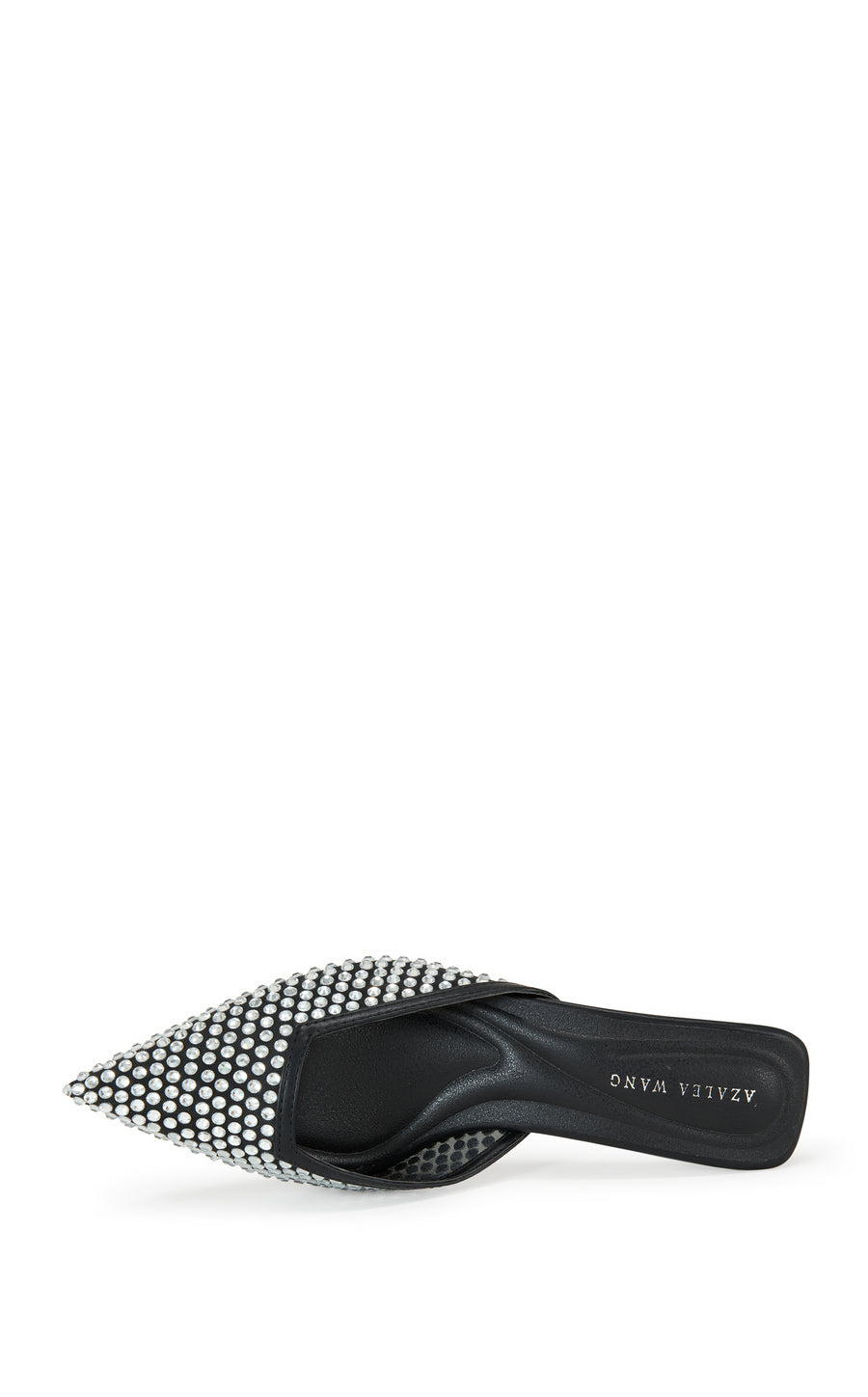 elegant black faux leather slip on kitten heel with a pointed toe and rhinestone embellishments all over the upper