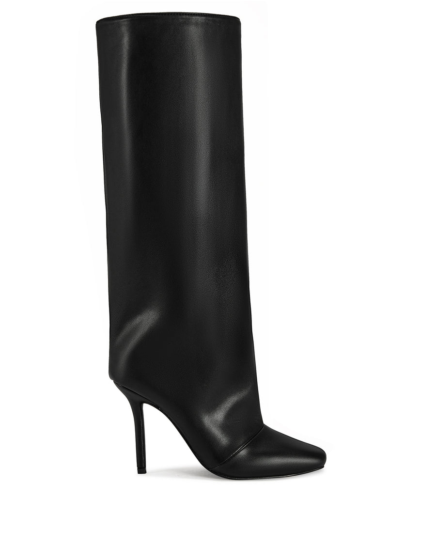 black faux leather fashion forward knee high boots with a stiletto heel and a widened shaft with a subtle drape