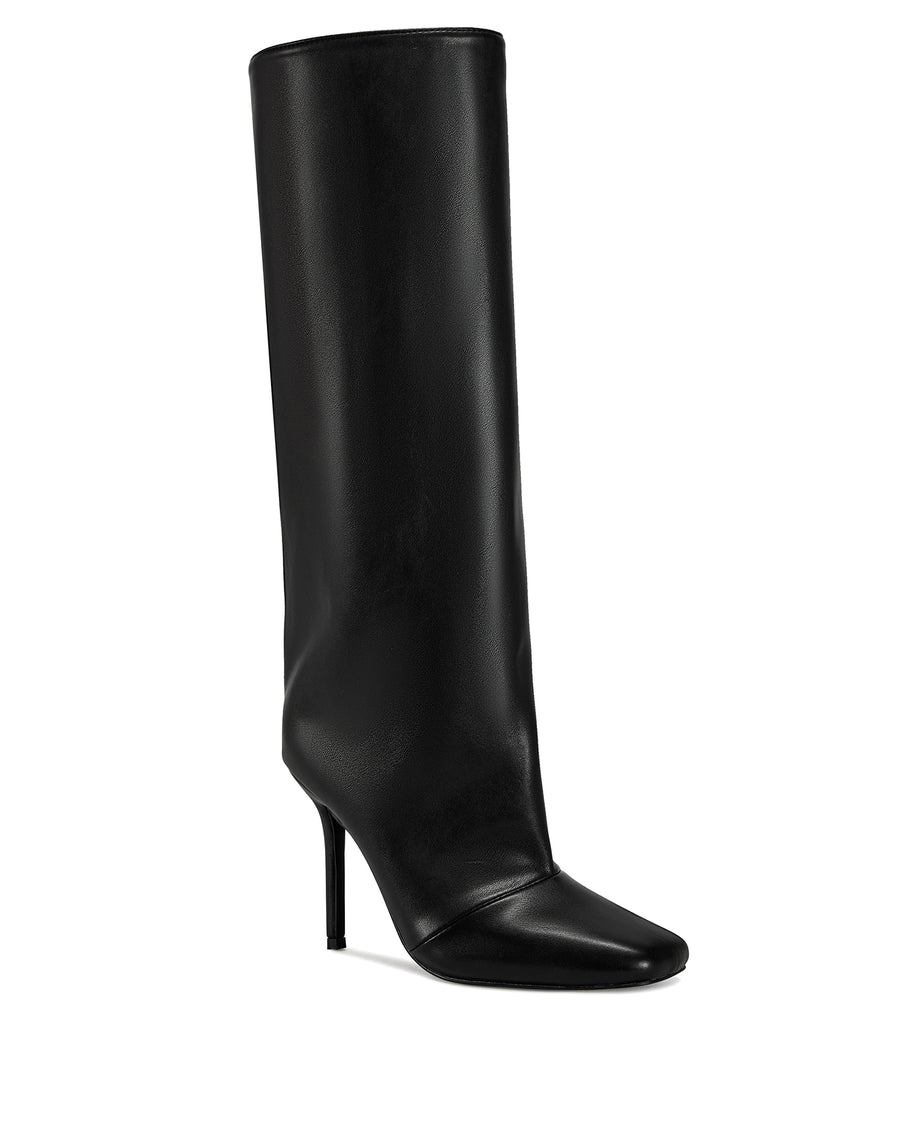 black faux leather fashion forward knee high boots with a stiletto heel and a widened shaft with a subtle drape