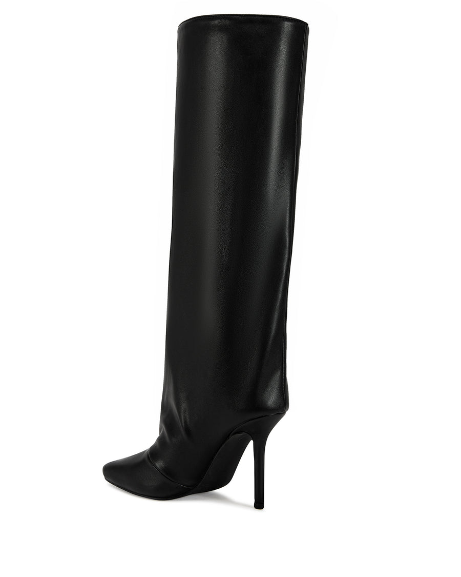 black faux leather fashion forward knee high boots with a stiletto heel and a widened shaft with a subtle drape