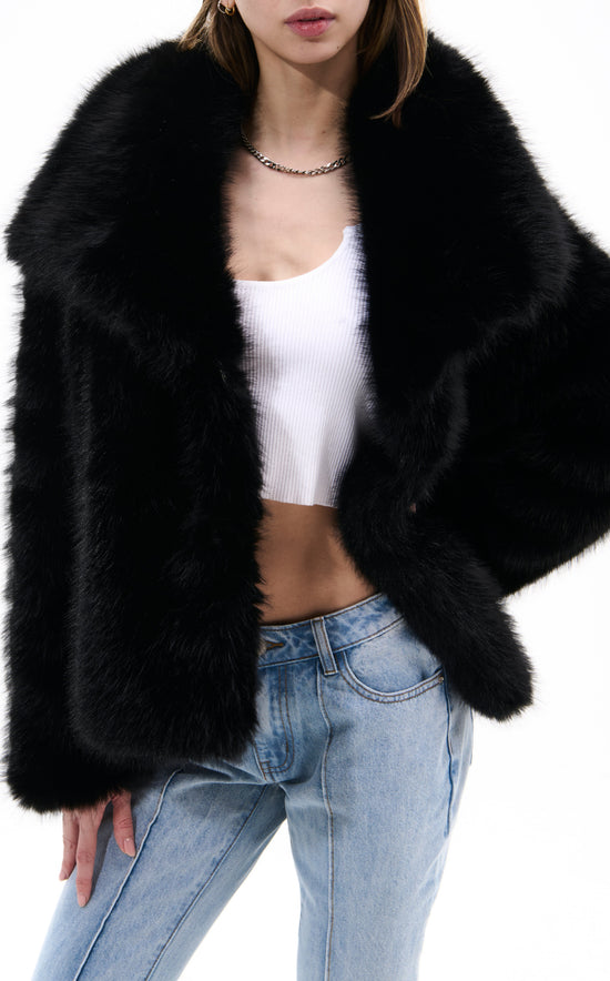 REGINA-MIDNIGHT BLACK FAUX FUR JACKET