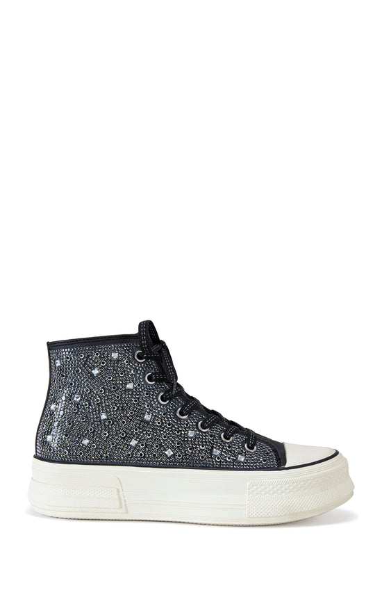 black lace up sneaker with a white sole and sparkly rhinestone embellishments on the upper