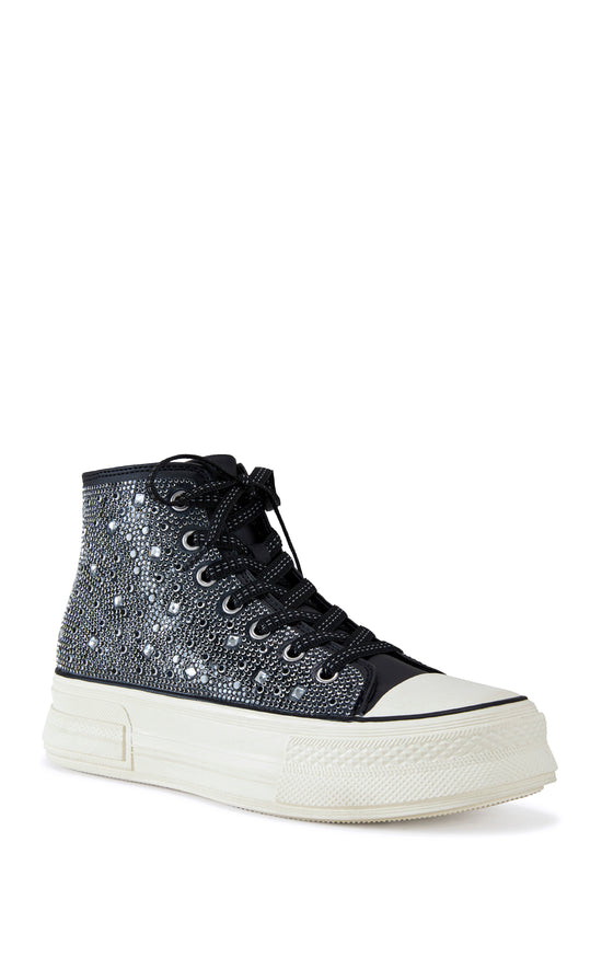 black lace up sneaker with a white sole and sparkly rhinestone embellishments on the upper