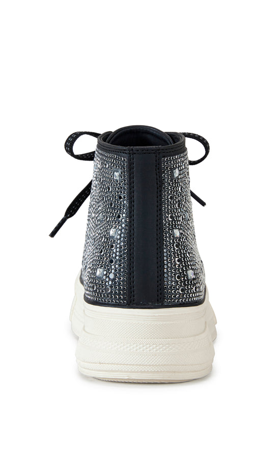 black lace up sneaker with a white sole and sparkly rhinestone embellishments on the upper