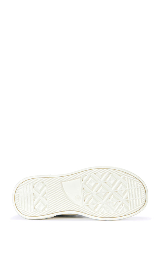 black lace up sneaker with a white sole and sparkly rhinestone embellishments on the upper