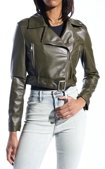 olive green faux leather statement moto jacket with zip up accents, an adjustable belt on the bottom, and a classic moto collar