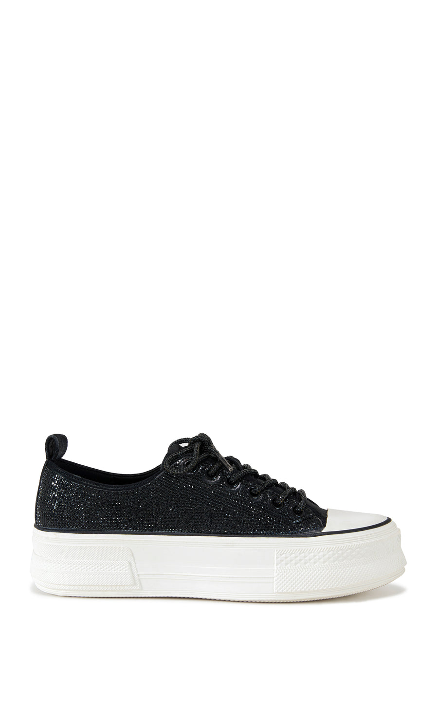 black lace up sneaker with a white sole and sparkly glitter embellishments on the upper